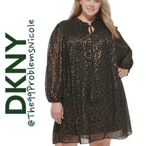 DKNY Leopard Print Tie Neck Pleated Dress